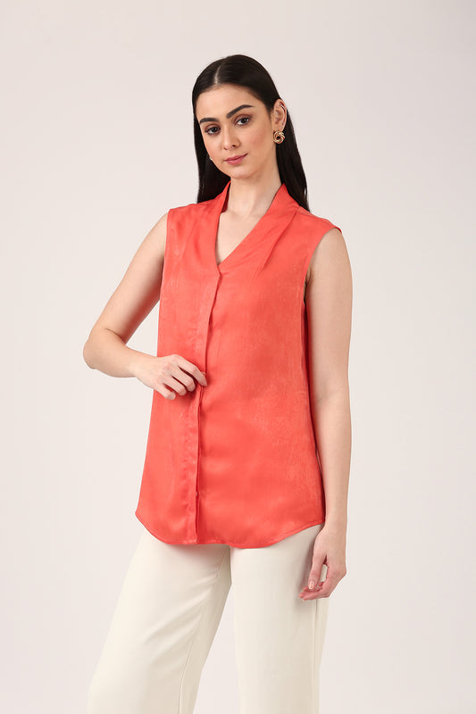 Coral Pink Sleeveless Silk Top for Women – V-Neck Formal Workwear Blouse