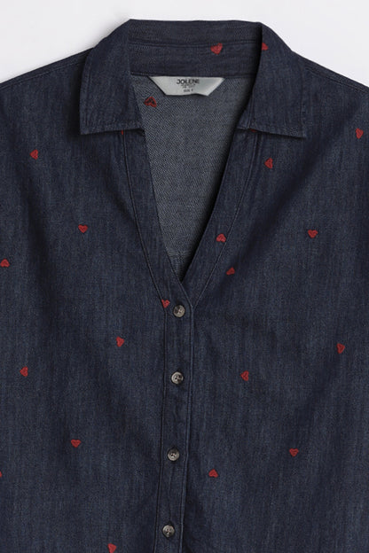 Indigo Crush Denim Top with Heart Embroidery