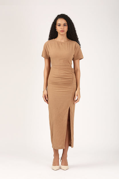 Cleo Linen Slit Dress in fawn