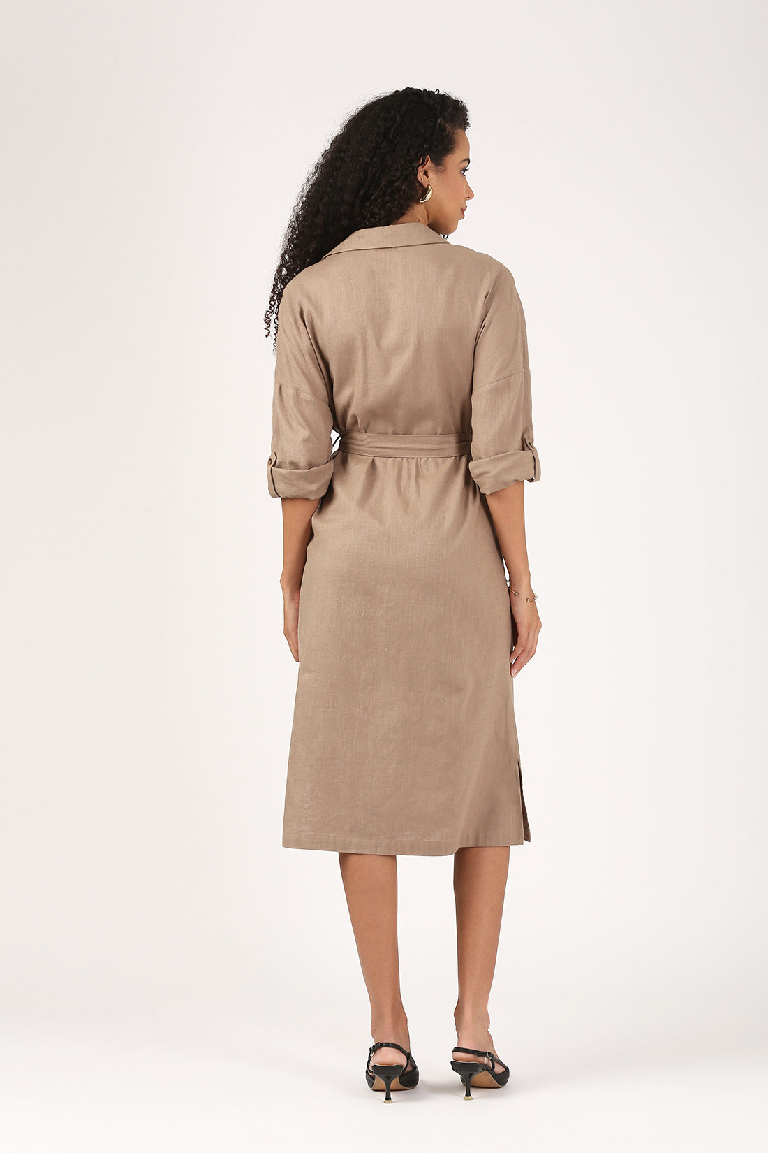 Taupe Button-Down Midi Dress with Waist Tie-The Everyday Edit