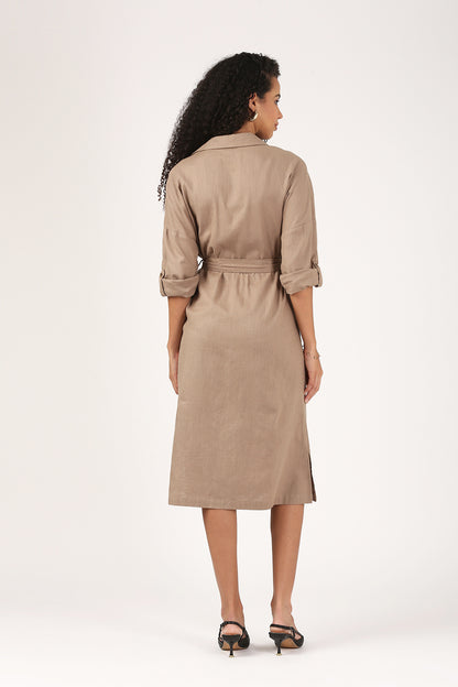 Taupe Button-Down Midi Dress with Waist Tie-The Everyday Edit