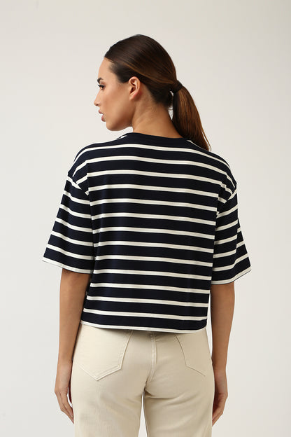 Super Soft-Boxy Tee-Navy & White Stripe