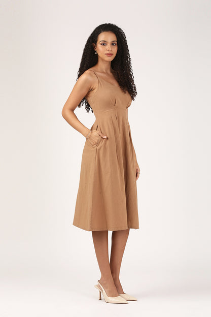 Mira Linen V-Neck Dress in Fawn