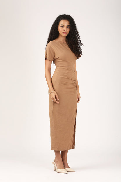 Cleo Linen Slit Dress in fawn