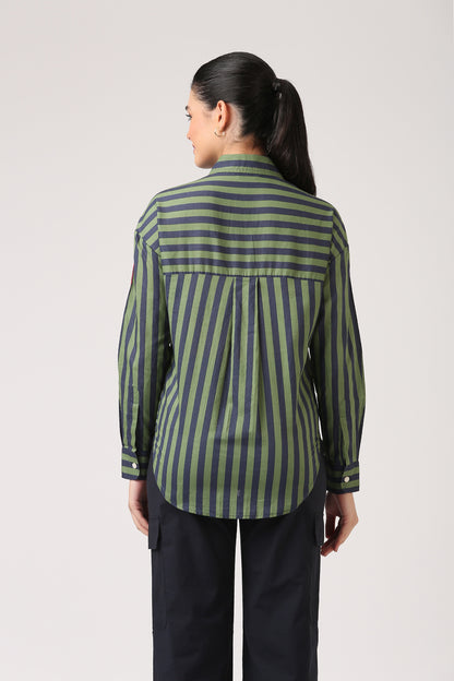 Green Navy Cotton Side Stripe Shirt