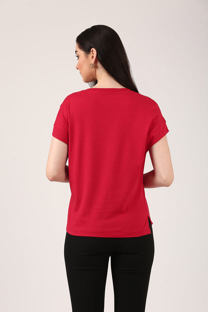 V-Neck Rich Cherry T-Shirt With Side Slit