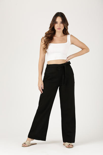 Black Linen Wide Leg Pant With Belt