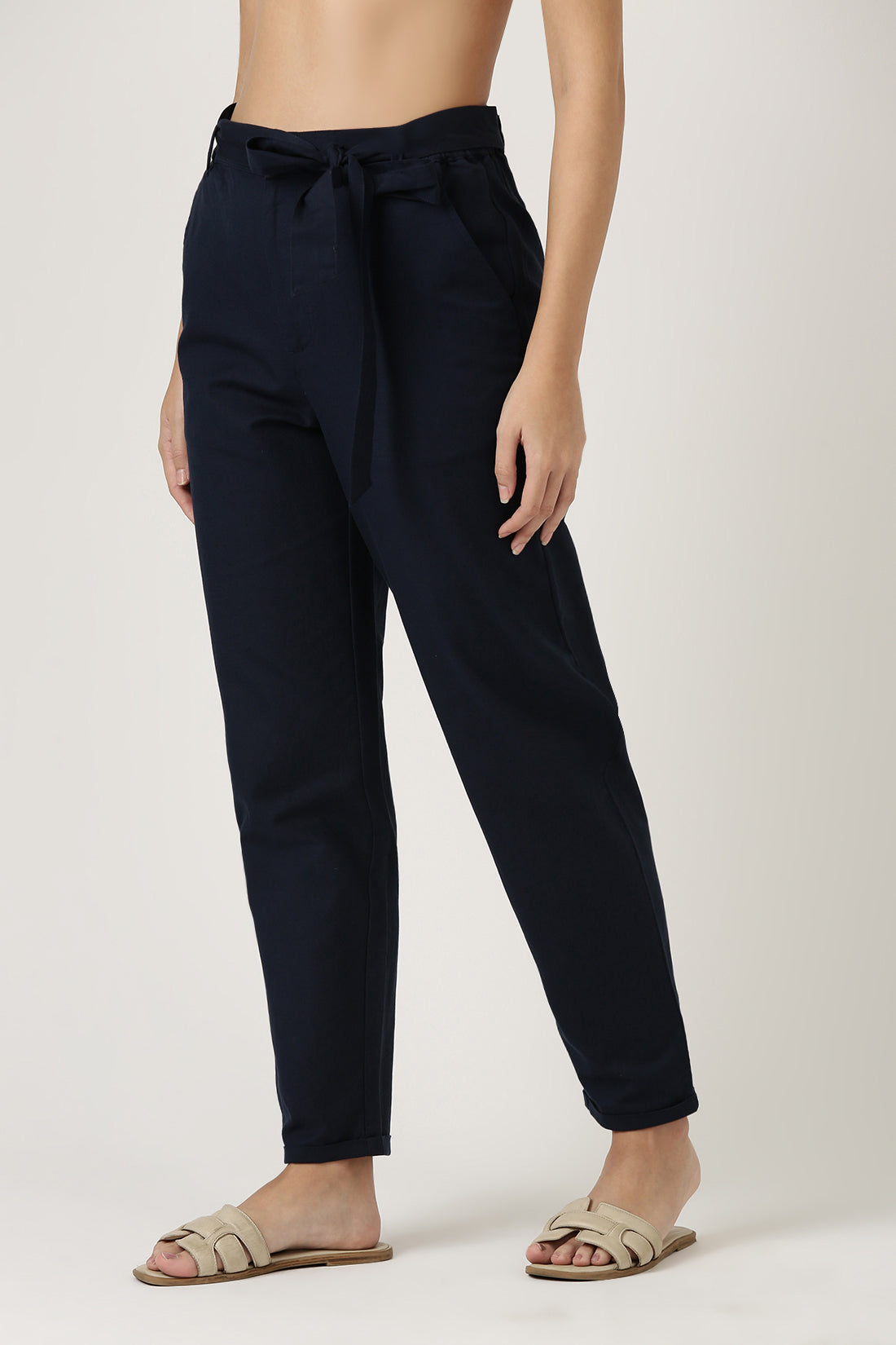 Navy Linen Straight Fit Pant With Belt