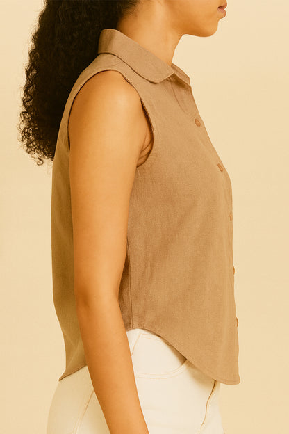 Caramel Cotton Linen Sleeveless Shirt
