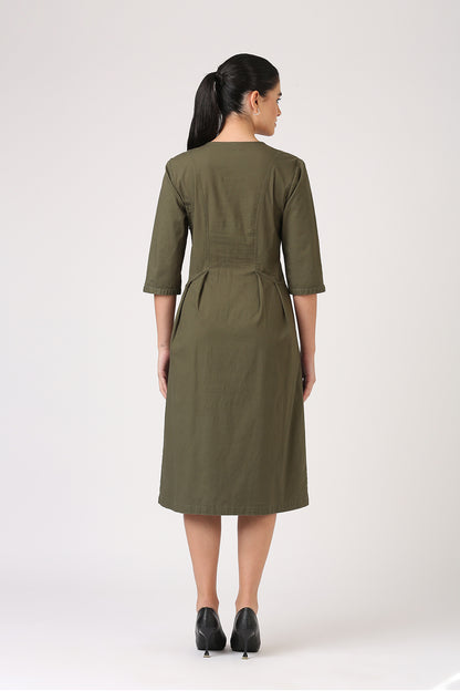 Pleated Olive Midi Dress