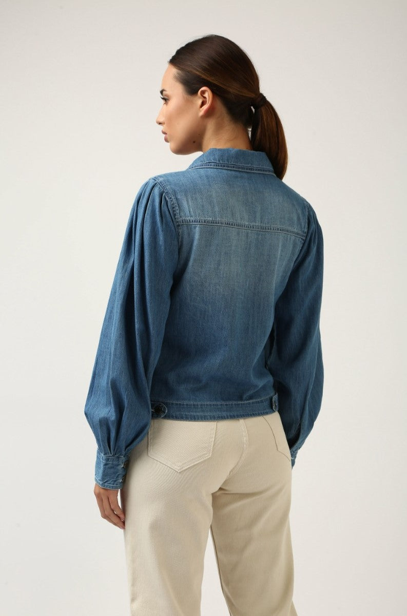 Indigo Denim Pleated Sleeve Top