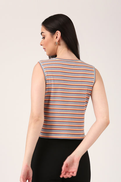 Cotton Multi-Stripe Ribbed Tank Top – Sleeveless Fitted Style