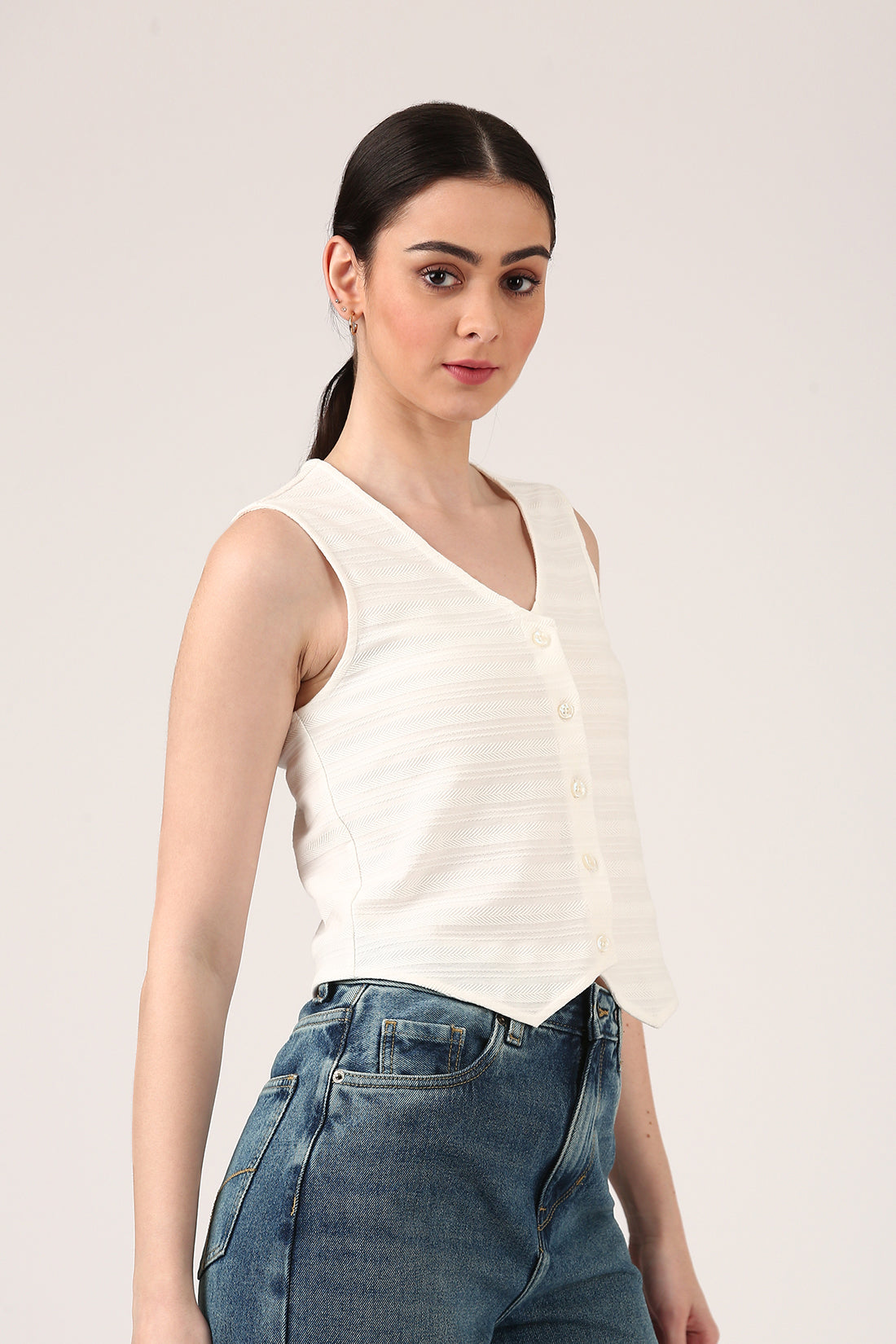 Ivory Sleeveless Jacquard Button-Down Top For Women
