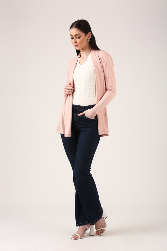 Light Pink Women’s Shrug – Full Sleeve Open Front Cardigan for Layering