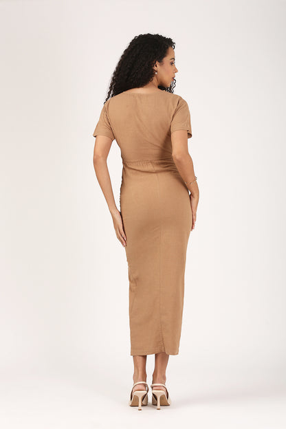 Cleo Linen Slit Dress in fawn