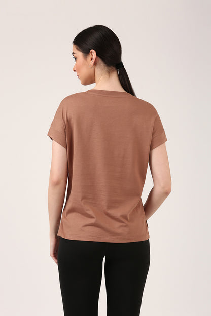 V-Neck terracotta T-shirt With Side Slit