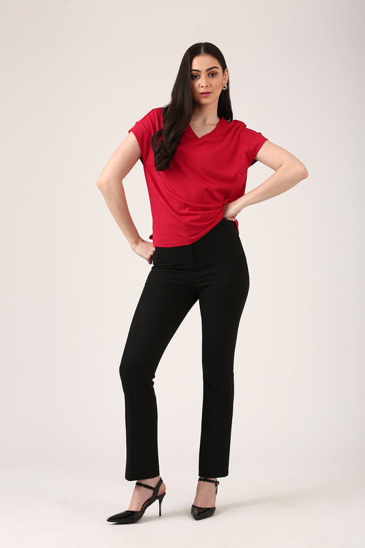 V-Neck Rich Cherry T-Shirt With Side Slit