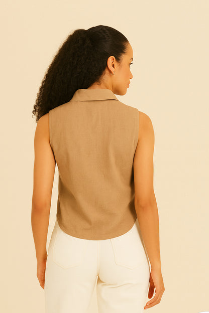Caramel Cotton Linen Sleeveless Shirt