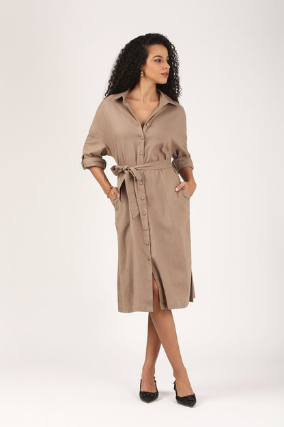 Taupe Button-Down Midi Dress with Waist Tie-The Everyday Edit