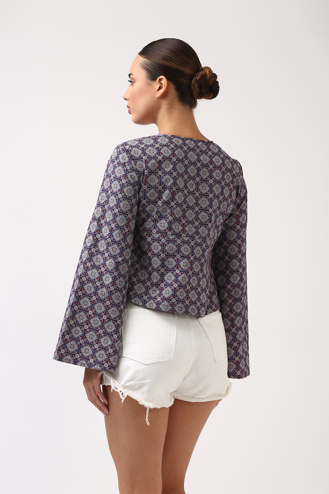 Blue Printed Bell Sleeve Top