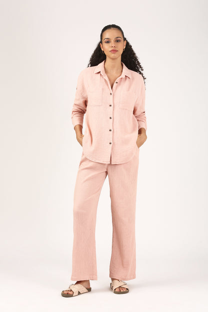 Dusty Pink Cotton double cloth Crinkle Wide leg Pant