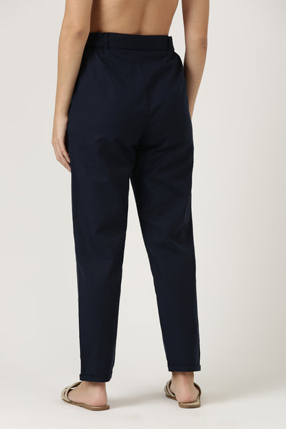 Navy Linen Straight Fit Pant With Belt