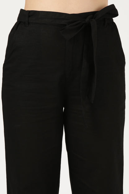 Black Linen Wide Leg Pant With Belt