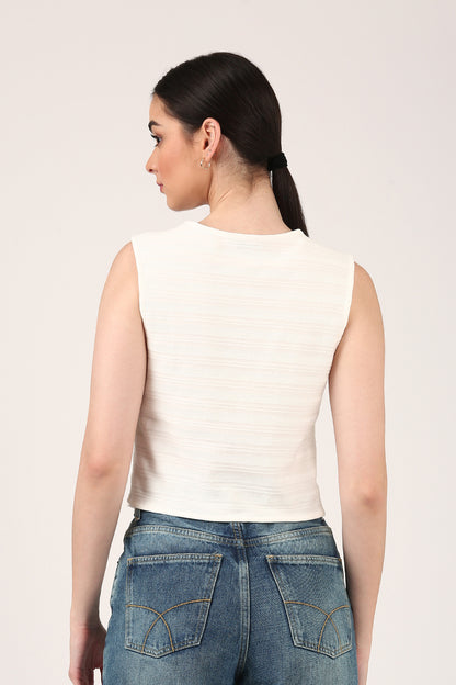 Ivory Sleeveless Jacquard Button-Down Top For Women