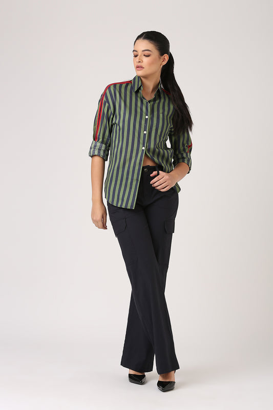 Green Navy Cotton Side Stripe Shirt