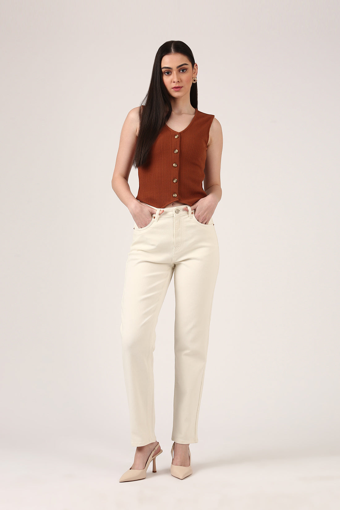 Brown Ribbed Button-Down Sleeveless Knit Top