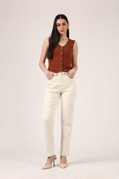 Brown Ribbed Button-Down Sleeveless Knit Top