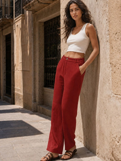 Deep Rust Cotton Double Cloth Crinkle Wide leg Pant