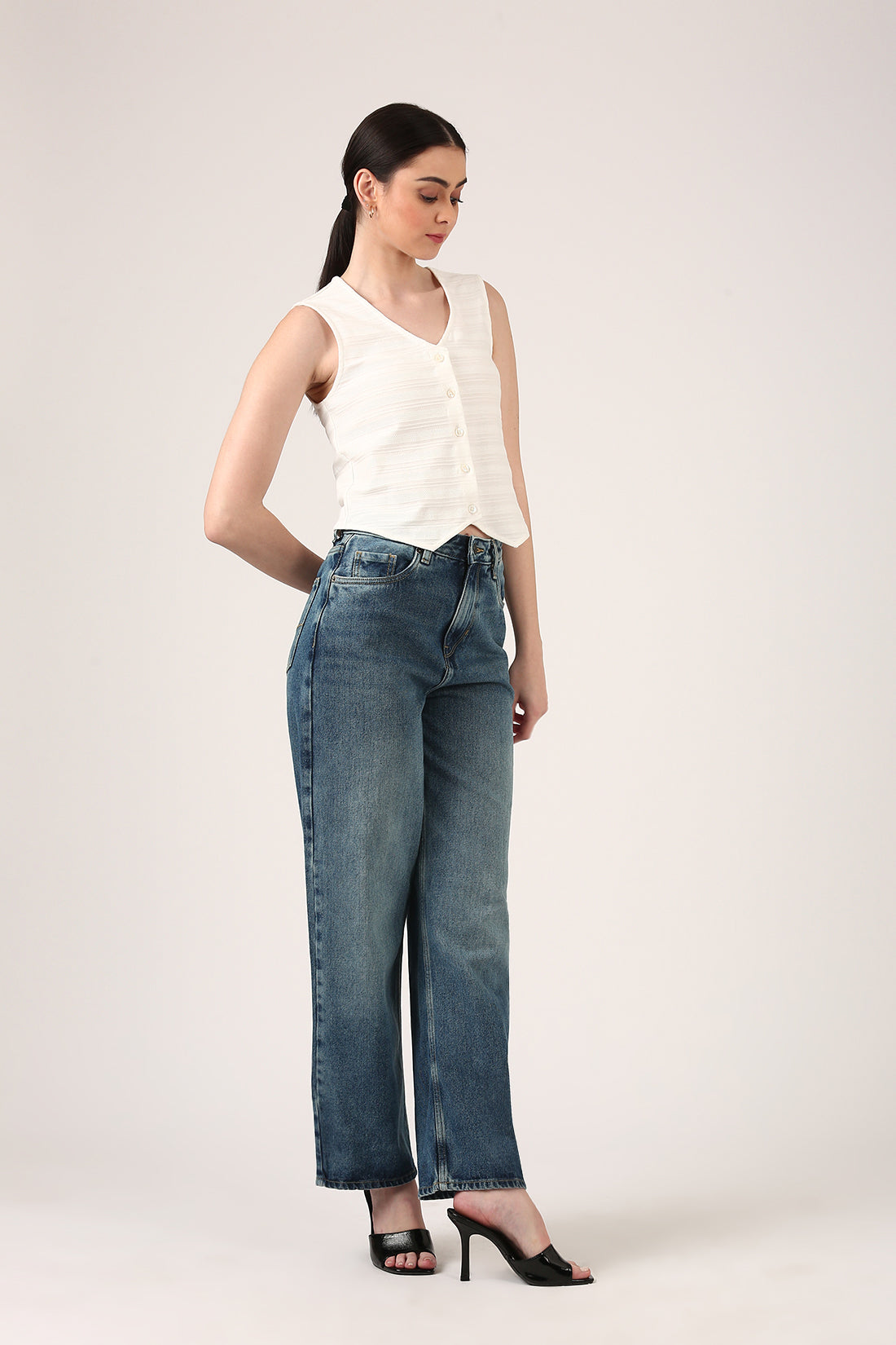 Ivory Sleeveless Jacquard Button-Down Top For Women