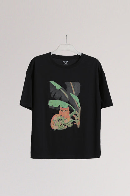 Black Oversized Tropical Graphic Printed Tee