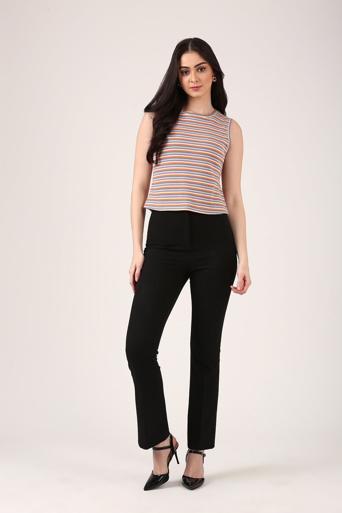 Cotton Multi-Stripe Ribbed Tank Top – Sleeveless Fitted Style