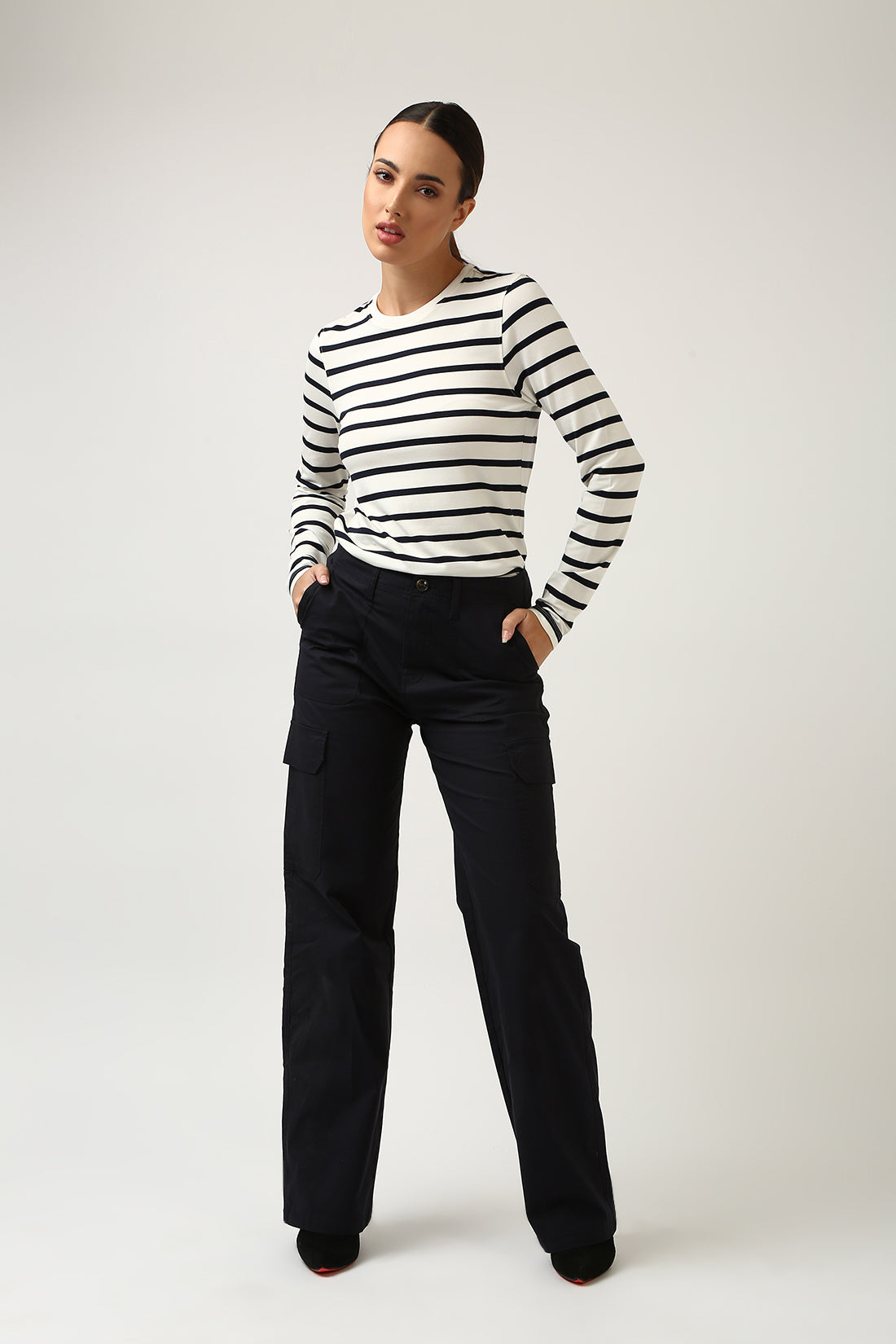 Super Soft-Long Sleeve Tee-White & Navy Stripe