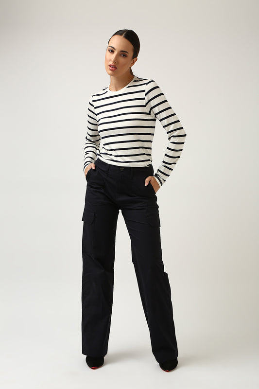 White Navy Striped Long Sleeve Tee