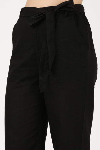 Black Linen Wide Leg Pant With Belt