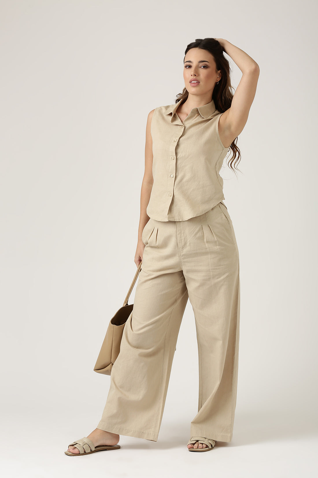 Beige Linen Flare Pant