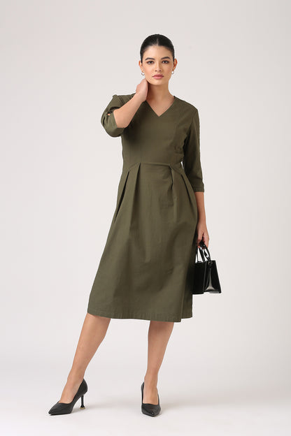 Pleated Olive Midi Dress