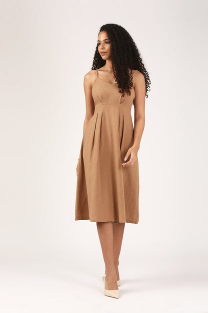 Mira Linen V-Neck Dress in Fawn