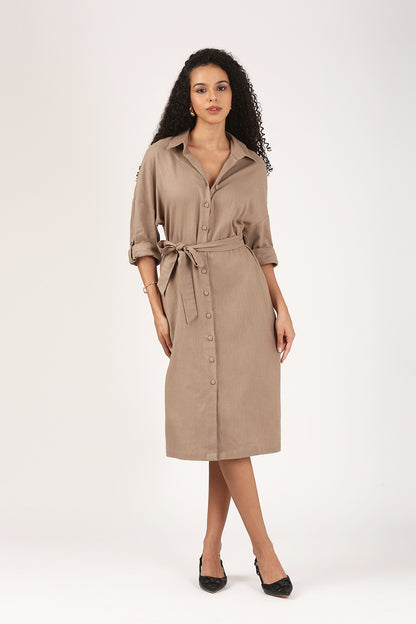 Taupe Button-Down Midi Dress with Waist Tie-The Everyday Edit