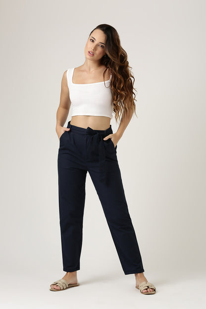 Navy Linen Straight Fit Pant With Belt