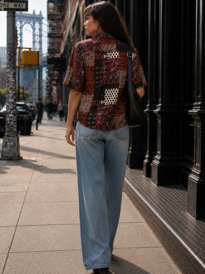 Bellini-Women’s Vintage Patchwork Print Regular Fit Short Sleeve Shirt