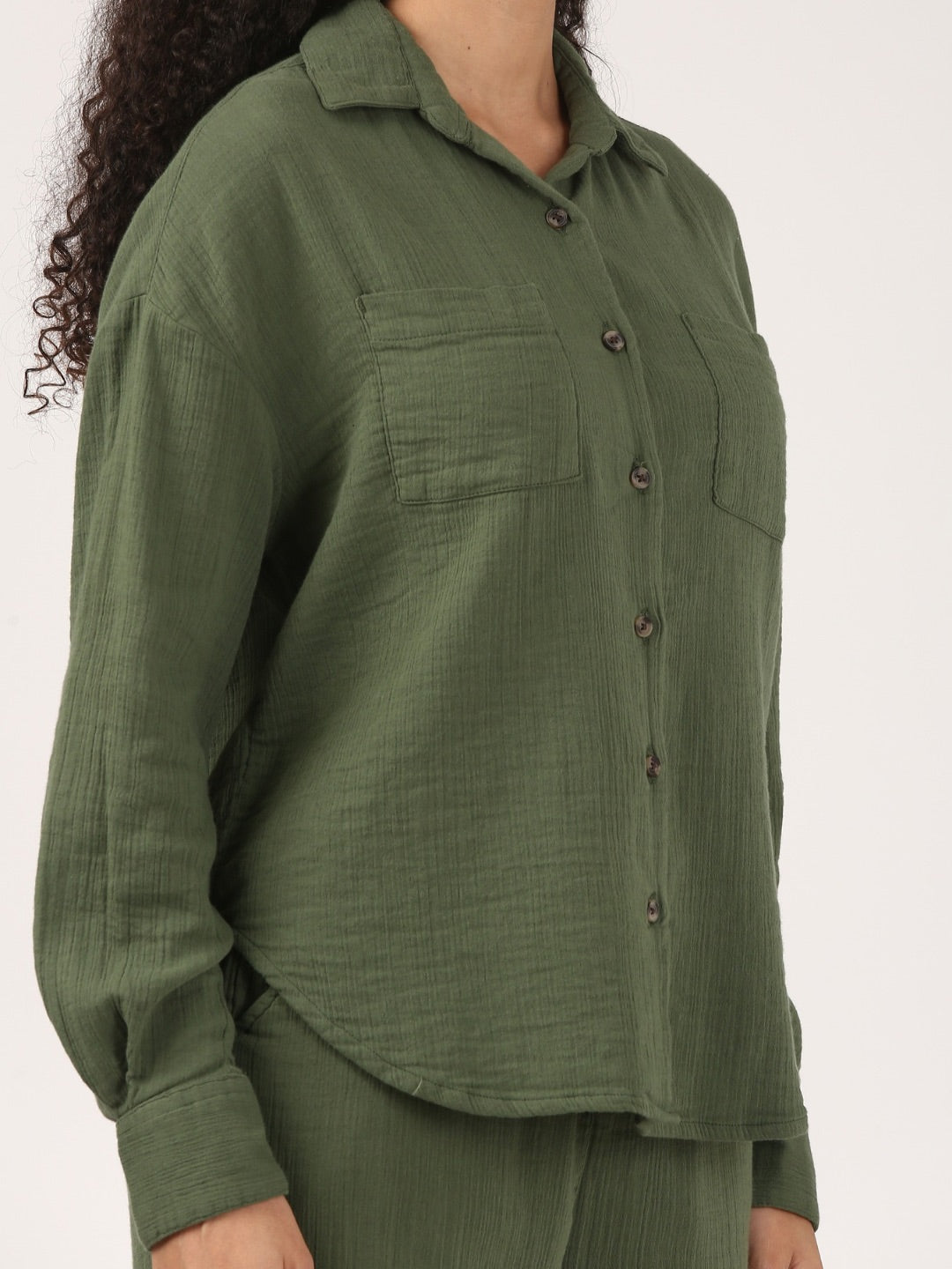 Bottle Green Cotton double cloth Crinkle Oversized Shirt