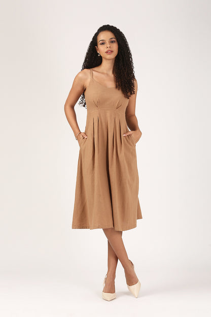 Mira Linen V-Neck Dress in Fawn