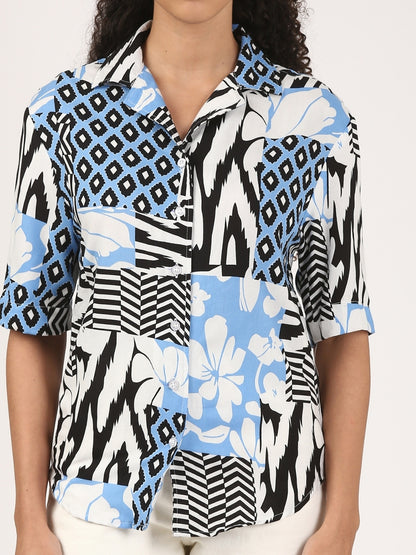 Balcao Breeze-Women’s Blue Abstract Floral Patchwork Cuban Collar Shirt