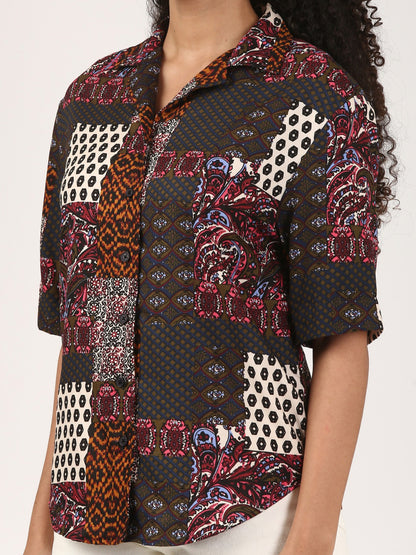 Bellini-Women’s Vintage Patchwork Print Regular Fit Short Sleeve Shirt