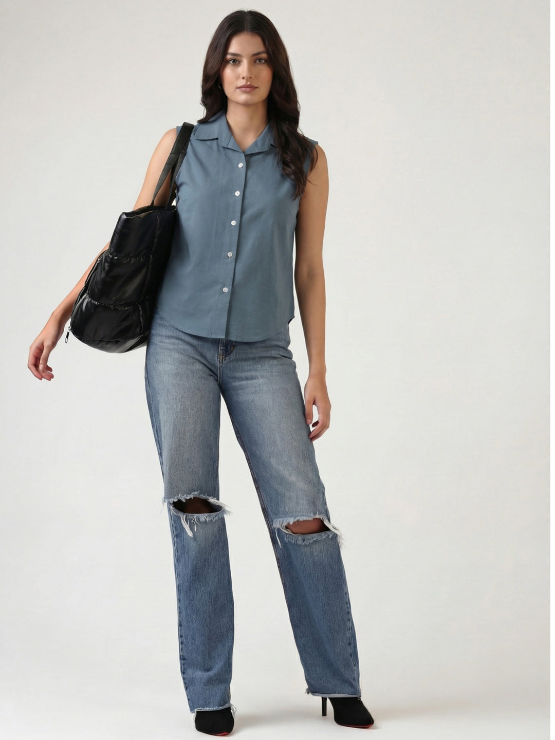 Blue grey cotton sleeveless cropped shirt with round collar, front button placket and curved hem – Jolene