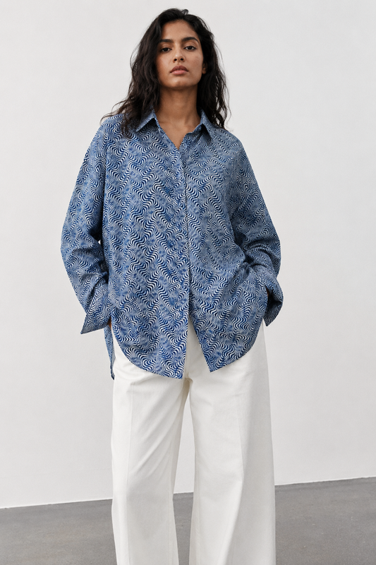 Maya Blue Wave Print Oversized Button-Down Shirt